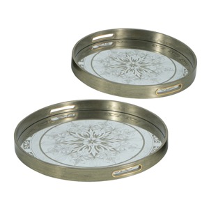 Round <b>Mirrored</b> Storage <b>Tray</b> With Metal Frame Engraved Floral Design Classic Style For Table Use 2 Pack - Product Image 6