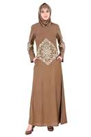 Kahverengi Düz İşlemeli Polyester Tesettür Bol Abaya Elbise Uzun Kollu Maksi Müslüman Günlük Kullanım İçin Cepli Elbise