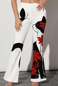 Hardhoodi Interination Women High Waist <b>Flare</b> Pants <b>White</b> Black Red Floral Print Elastic Waist Full Length Fashion <b>Trousers</b> Four - Product Image 6