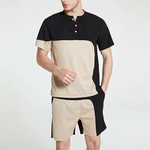 Ensemble d'été décontracté pour homme en tissu éponge uni, respirant, t-shirt et short à manches courtes, tissé 100% coton - Product Image 1