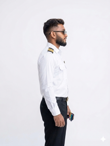 Chemise blanche à manches longues pour pilote homme avec épaulettes dorées et emblème d'ailes pour utilisation en avion. - Product Image 3