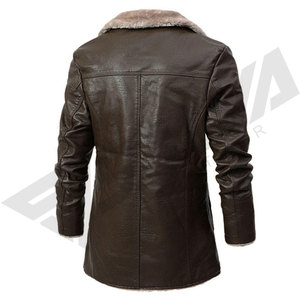 Chaqueta Larga de Cuero PU Negra para Hombre con Forro de Piel Sintética, Cuello en V, Cálida, Bordada, Resistente al Viento, Estilo Motero, Corte Ajustado, Abrigo de Invierno - Product Image 3