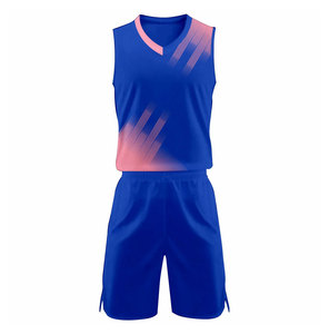 Ensemble maillot de basket sans manches bleu pour homme avec design dégradé rose, débardeur à col en V anti-transpiration et short - Product Image 1