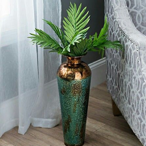 Elegant tall brass <b>vase</b> with a textured green finish and polished <b>copper</b> neck. Available at wholesale prices. - Product Image 1