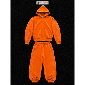Conjunto de chándal de terciopelo naranja para mujer, con sudadera con cremallera completa, pantalones de pierna ancha, dos piezas, con pedrería, de lujo, estilo casual urbano para correr - Product Image 5