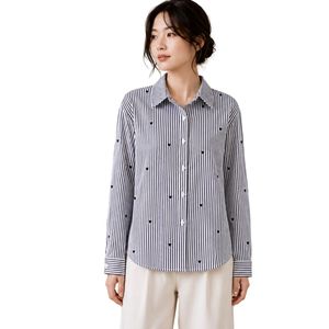 <b>Black</b> <b>White</b> <b>Striped</b> Women Button Down Shirt <b>Long</b> <b>Sleeve</b> Cotton Casual Blouse Heart Embroidery Oversized Loose Fit Fashion <b>Top</b> - Product Image 1