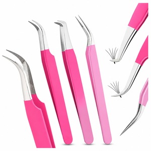 <b>Pink</b> Eyelash Extension Tweezers <b>Set</b> Stainless Steel Precision Curved Tips For Volume Fan Lashes Beauty Salon <b>Tools</b> - Product Image 4