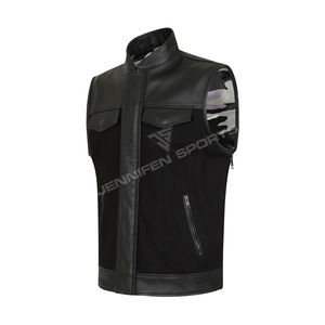 Gilet de motard pour homme en cuir de vachette et toile noir, style club de motards, respirant, vintage, fermeture à boutons recouverts, poches - Product Image 2