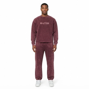 Ensemble jogging pour homme, sweat-shirt à col rond bordeaux délavé à l'acide, tenue décontractée streetwear, ensemble assorti deux pièces - Product Image 1