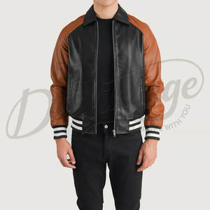 Blouson aviateur en cuir bicolore noir et marron pour homme avec col chemise classique et poignets côtelés rayés - Product Image 1