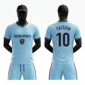Uniforme de Fútbol Personalizado para Hombre, 140g, Transpirable, 100% Poliéster Interlock, Cuello en V, Azul Cielo, Sublimación por Transferencia de Calor, Ropa Deportiva para Equipo - Product Image 1