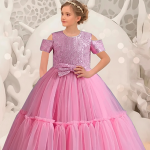 ชุดเดรสยาวสีชมพูประดับเลื่อมระยิบระยับสำหรับเด็ก ชุดราตรีเด็กผู้หญิงหรูหรา ชุดแต่งงานเด็กแบบเปิดไหล่ ขายส่ง - Product Image 5