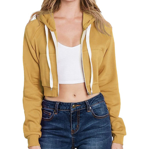 Sudadera Corta con Capucha para Mujer, Color Mostaza, Manga Larga, Tejida, Informal, para Otoño, Transpirable, Corte Regular - Product Image 1