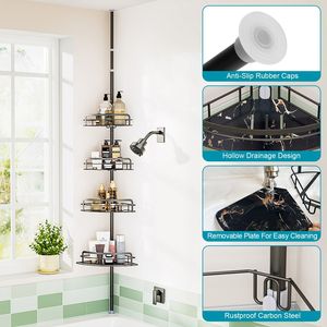 Organizzatore doccia angolare a 4 livelli antiruggine con asta a tensione a montaggio rapido per vasca da bagno, porta shampoo, ideale per ospedali - Product Image 4