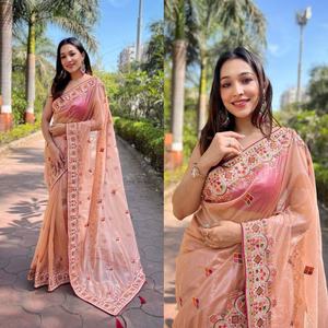 Blouse de sari indienne traditionnelle en tissu sergé doux non cousu, brodée, ethnique, moderne, de haute qualité pour femme - Product Image 3