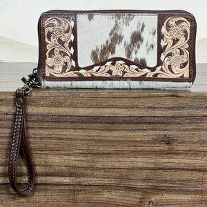 Cartera de Cuero Genuino Vintage Hecha a Mano, Bolso de Mano Marrón de Piel de Vaca con Grabado Floral Estilo Western, Cartera de Muñeca Hecha a Mano para Mujer - Product Image 4