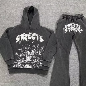 Customized High Quality Printing Tracksuit 100% Cotton French Terry Acid Wash Sweatshirt Pullover Sweatpants Jogger <b>Set</b> Hoodies - Product Image 1