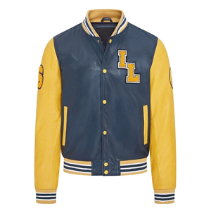 Men's Navy Blue <b>Yellow</b> Varsity Jacket <b>Wool</b>/Viscose Sleeves Embroidered Letter Logo Covered Button Closure Stand Casual - Product Image 2