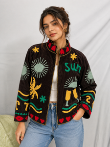 Black Embroidered Vacation <b>Jacket</b> With Sun Palm Tree And Cocktail Motif <b>Mandarin</b> <b>Collar</b> Full Sleeve Zipper Closure Summer Style - Product Image 2