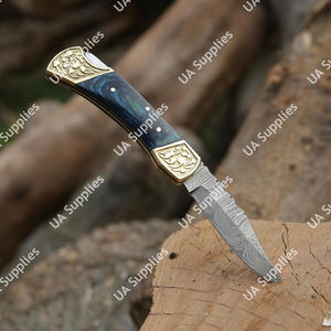 มีดพับเหล็กดามัสกัสระดับมืออาชีพ ด้ามไม้ปักก้าสลักลายทองเหลือง ปลายมีดแบบดรอปพอยต์ รับผลิตแบบ OEM/ODM สำหรับพกพาใช้งานทุกวัน - Product Image 4