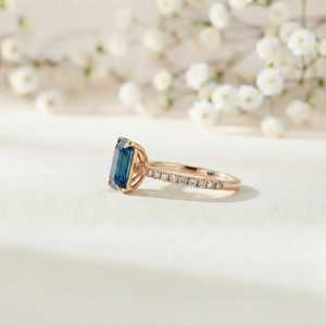 Anillo de compromiso clásico con topacio azul de diciembre, corte esmeralda, chapado en oro, plata de ley 925, anillo con piedra preciosa para uso diario. - Product Image 3