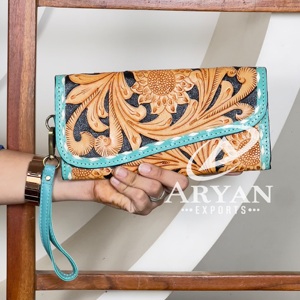 Sunflower Tooled <b>Leather</b> Floral Pattern Women Clutches High Quality Stylish Cash & Card Holder Long Wallet Evening <b>Purse</b> - Product Image 1