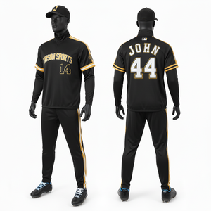 Ensemble de survêtement d'entraînement de baseball pour hommes, en polyester interlock premium 220 GSM, noir avec panneau à rayures dorées, logo personnalisé en twill. - Product Image 1