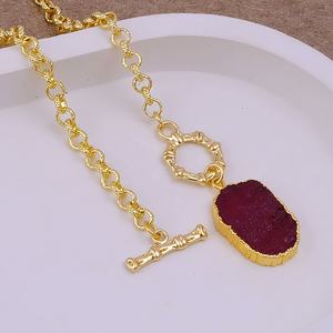 Dyed Ruby July Birthstone Raw Crystal Pendant <b>Necklace</b> Gold Plated Toggle Clasp Rough Stone Healing <b>Handmade</b> Fashion <b>Necklaces</b> - Product Image 1