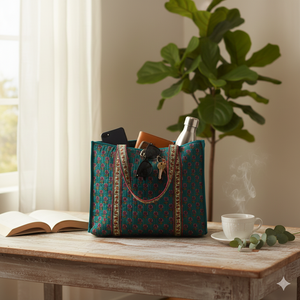 Elegant Quilted Cotton Dark Green Tote <b>Bag</b> Dual Sided Floral Print Long Handle Large Reusable Shopping Travel Shoulder <b>Bag</b> - Product Image 4