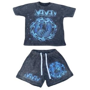 Conjunto de Camiseta y Pantalones Cortos de Algodón 100% para Hombre, Estilo Urbano, Lavado Ácido, Casual, de Verano, Talla Grande, Unisex - Product Image 1