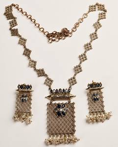 18K Gold Plated Bohemian Wedding Statement Pendant <b>Necklace</b> <b>Set</b> with Onyx Stone <b>Pearl</b> Tassel & Matching Earrings for Women - Product Image 1