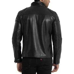 Veste en cuir véritable pour homme, style moto, coupe ajustée, noire, fermeture éclair, col montant, style motard classique - Product Image 3