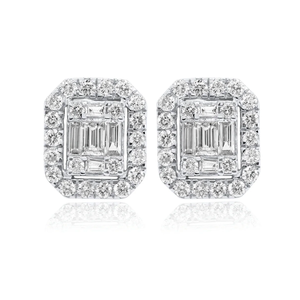 IGI Certified Lab Grown Diamond Double Halo <b>Stud</b> 18K Gold | Baguette Cluster <b>Emerald</b> Look | Luxury Modern Wedding Party - Product Image 2