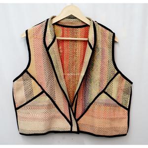 Chaleco de Punto Corto para Mujer, Ecológico, Transpirable, Estilo Vintage, con Bloques de Color, Cuello en V, Diseño Asimétrico, Patrón Empalmado - Product Image 2
