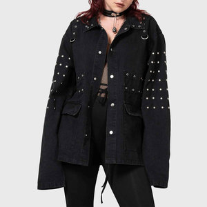 แจ็คเก็ตเดนิมสีดำทรงโอเวอร์ไซส์ สไตล์โกธิค สตีมพังก์ ประดับหมุดสีเงิน ห่วงรูปตัว D ตาไก่  แฟชั่นสตรีทแวร์ ทำมือ ใส่ได้ทั้งชายและหญิง - Product Image 5