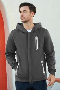 Sweat-shirt à capuche pour homme, couleur unie, coton, molleton français, décontracté, coupe classique, poche zippée, design automne - Product Image 1