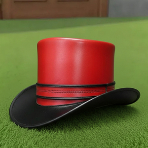 Premium quality custom made Handmade Red Leather Top <b>Hat</b> Steampunk Cosplay <b>Hat</b> with Black Brim <b>Band</b> - Product Image 5