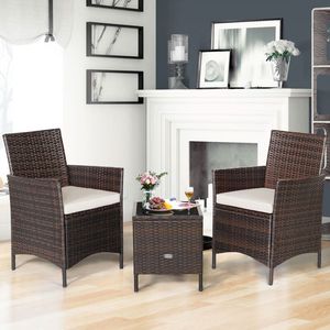 3-Piece Patio Rattan Conversation Set with Cushions & Glass <b>Table</b> <b>Top</b> for Garden <b>Decor</b> - Product Image 4