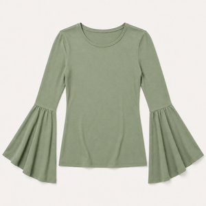 Blusa Casual de Mujer con Mangas Campana, Estilo Retro Vintage, Tejido Elástico de Punto, Anti-Pilling, Corte Cómodo, Cuello Redondo, OEM - Product Image 2