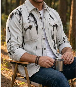 Chemise en jean pour homme, coupe ajustée, manches longues, motif tie-dye, col rabattu, respirante, style décontracté, tissée, toutes saisons - Product Image 5