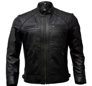 Veste moto en cuir véritable noir pour homme, col montant, fermeture éclair, coupe ajustée, pour l'automne - Product Image 1