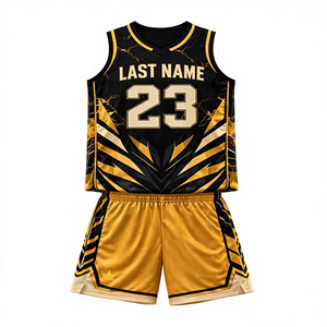 Uniforme de basket-ball personnalisé par sublimation, maillot respirant en polyester, shorts, vêtements de sport pour l'entraînement d'équipe, noir doré, nouveau design - Product Image 1