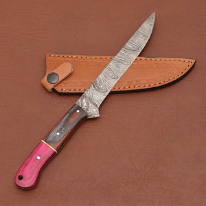Cuchillo de filetear de acero de Damasco, hoja de punta caída hecha a medida, 11 pulgadas, cuchillo dentado, mango de madera. - Product Image 3