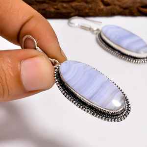Boucles d'oreilles pendantes élégantes en agate bleue ovale, faites à la main en argent sterling, bijoux bohèmes en pierres précieuses, cadeau pour femme - Product Image 6