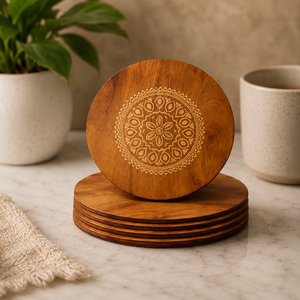 Handcrafted Wooden <b>Coaster</b> <b>Set</b> of 4 with Mandala Engraving – Premium Tea & Coffee Cup <b>Coasters</b> Laser Engraved Mandala Design - Product Image 1