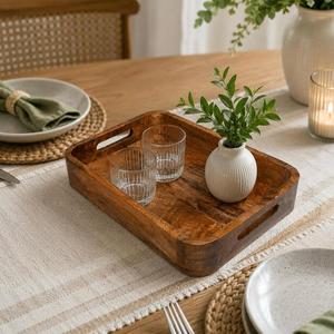 Plateau de rangement en bois rectangulaire, design minimaliste, pour la cuisine, à un seul niveau, finition polie, multifonctionnel, rangement soigné, compatible lave-vaisselle - Product Image 5