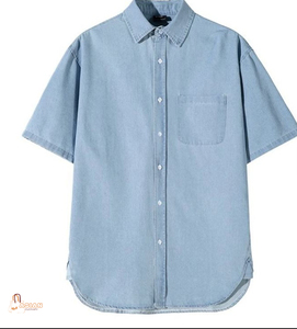 <b>Men's</b> Light Blue Denim Short Sleeve Shirt Loose Fit Turn-down Collar Casual Summer Breathable Cotton Solid Color Pocket - Product Image 1