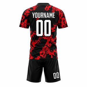 เสื้อฟุตบอลแบบซับลิเมชั่นสีดำแดงลายกรันจ์ แห้งเร็ว ชุดแข่งอีสปอร์ต ชุดทีม OEM - Product Image 2