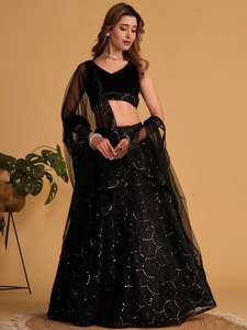 Conjunto indio-pakistaní de lentejuelas negras, blusa de terciopelo con superposición de malla, lehenga, traje para boda o fiesta. - Product Image 6
