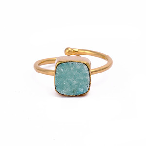 Aqua Druzy Gemstone Ring <b>Square</b> Shape Gold Plated <b>Adjustable</b> Statement Ring Natural Stone Fashion Jewelry for Women - Product Image 2